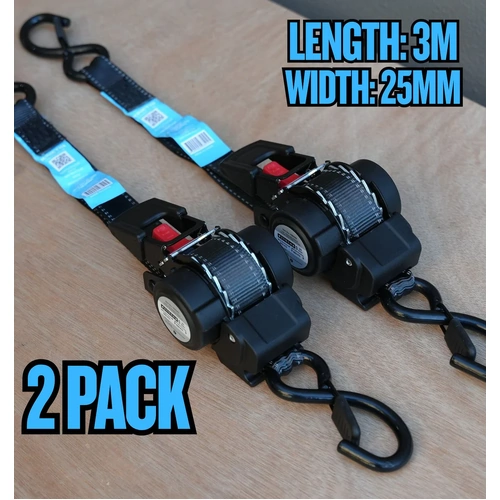 (Set of 2)- KINETIQ Automatic Retractable Ratchet Strap - 3m Length (25mm Width)