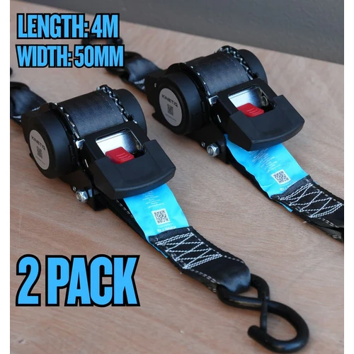 (Set of 2)- KINETIQ Automatic Retractable Ratchet Strap - 4m Length (50mm Width)