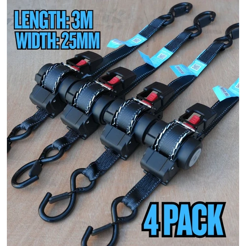 (Set of 4)- KINETIQ Automatic Retractable Ratchet Strap - 3m Length (25mm Width)
