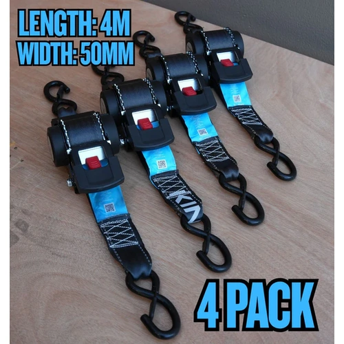 (Set of 4)- KINETIQ Automatic Retractable Ratchet Strap - 4m Length (50mm Width)